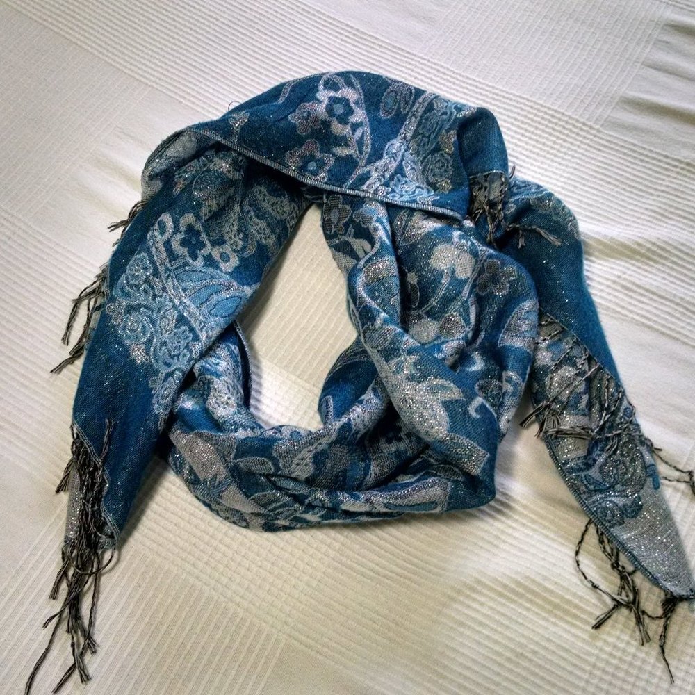 AMAZING real pashmina silk teal silver scarf